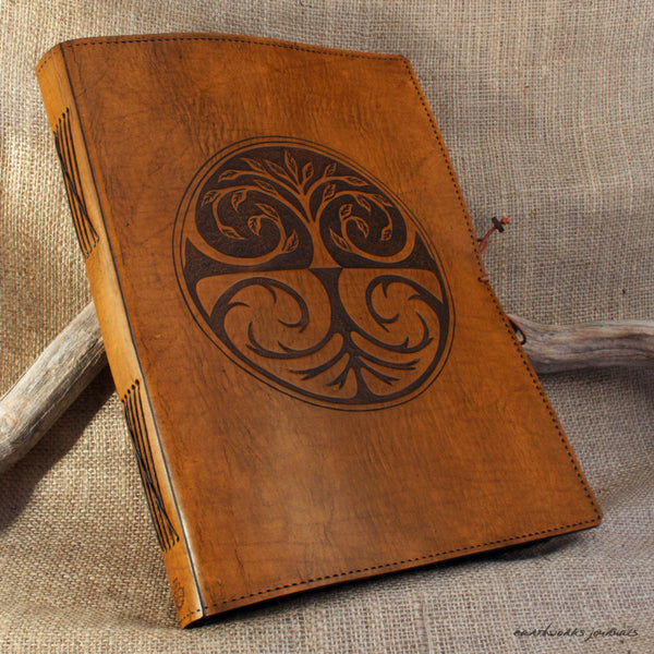 A4 brown leather journal - tree of life design 2 - earthworks journals A4C005