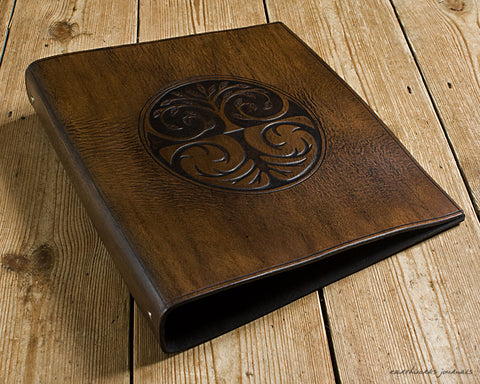 A4 dark brown leather 4 ring binder - tree of life design - earthworks journals A4B015