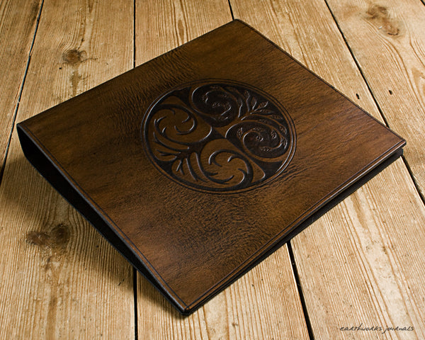 A4 dark brown leather 4 ring binder - tree of life design 2 - earthworks journals A4B015