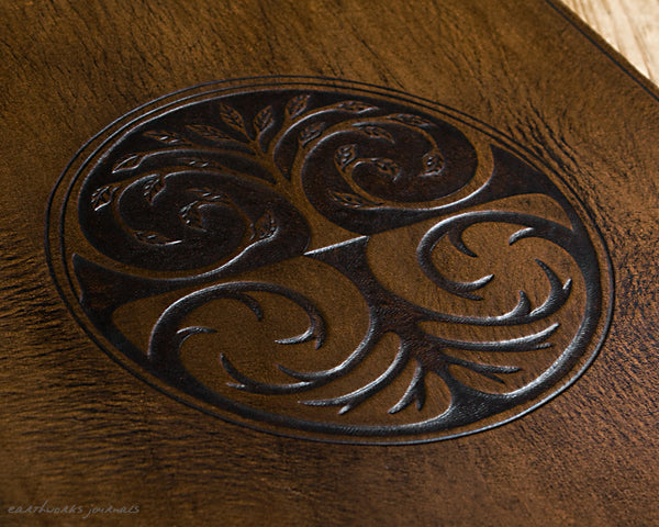 A4 dark brown leather 4 ring binder - tree of life design detail - earthworks journals A4B015