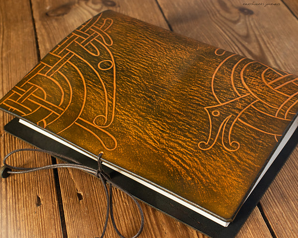 A5 CELTIC VIKING DRAGON BROWN GREEN LEATHER JOURNAL 3 - EARTHWORKS JOURNALS A5C040