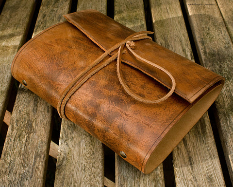 A5 distressed brown leather organiser - wraparound - earthworks journals - A5WB003