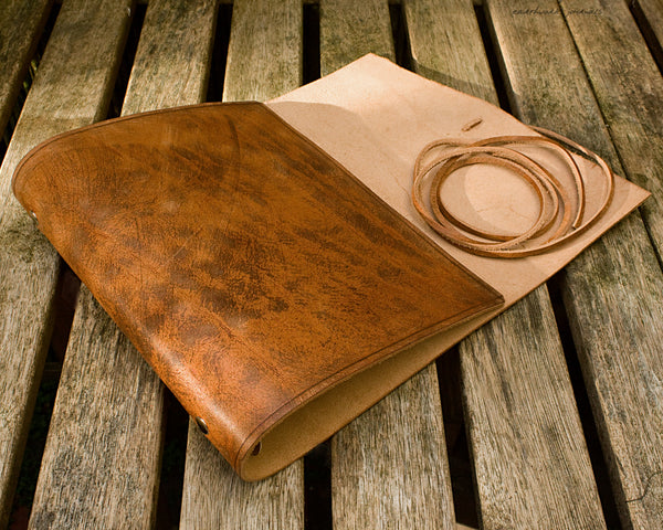 A5 distressed brown leather organiser 2 - wraparound - earthworks journals - A5WB003