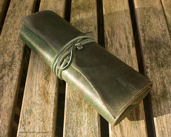 A5 distressed green leather organiser - wraparound 4 - earthworks journals - A5WB005