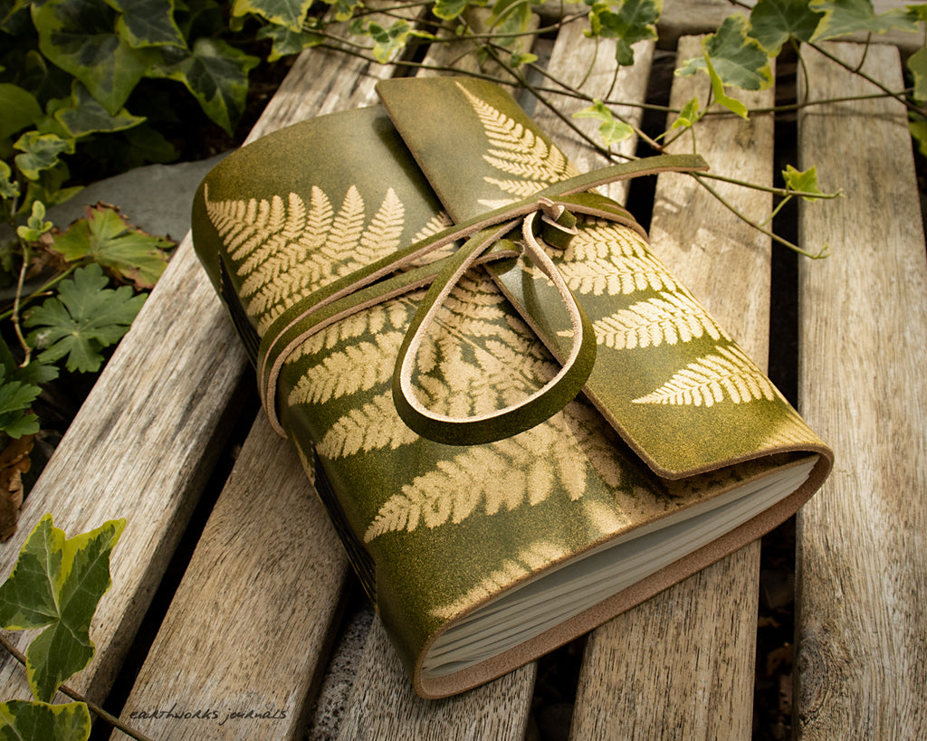 A5 fern leaf wraparound leather journal in green 1 - earthworks journals - A5W003