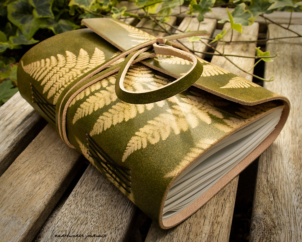 A5 Green Leather Fern Leaf Journal With Wraparound Cover - Hand Bound ...