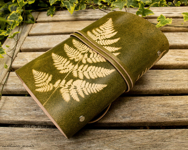 A5 green leather fern leaf organiser 4 - earthworks journals - A5WB008