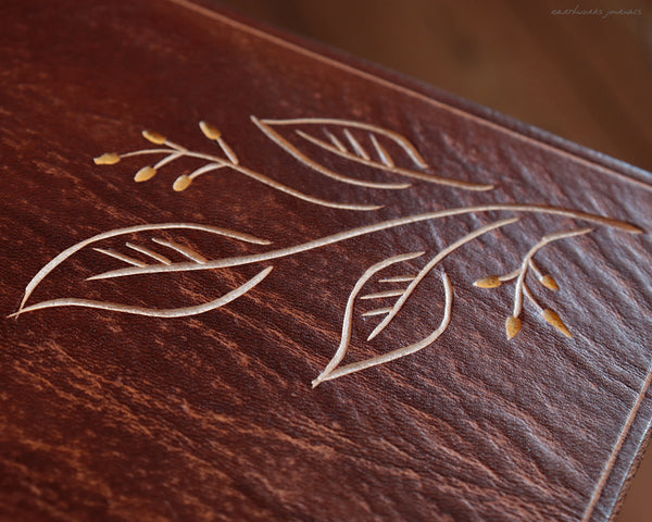 A5 brown leather journal with hedgerow leaves design 3 - earthworks journals