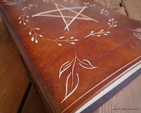 A5 brown leather journal with pentagram and leaves 2 - earthworks journals