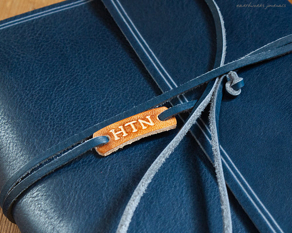 blue wrap with leather personalised tag - earthworks journals