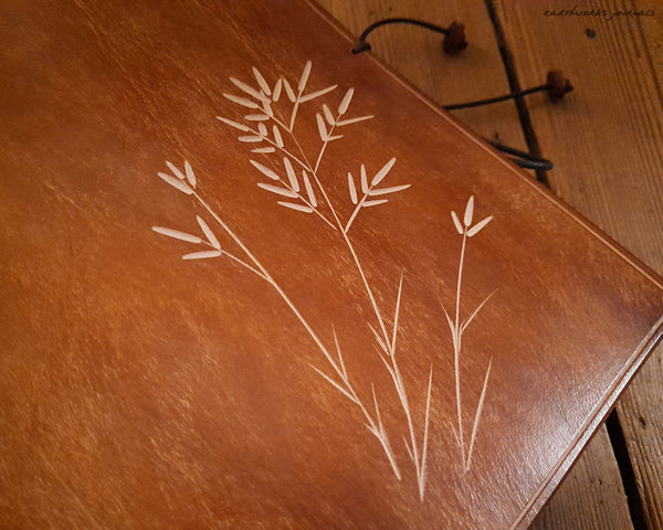 A5 brown leather journal with wild grass design 2 - earthworks journals