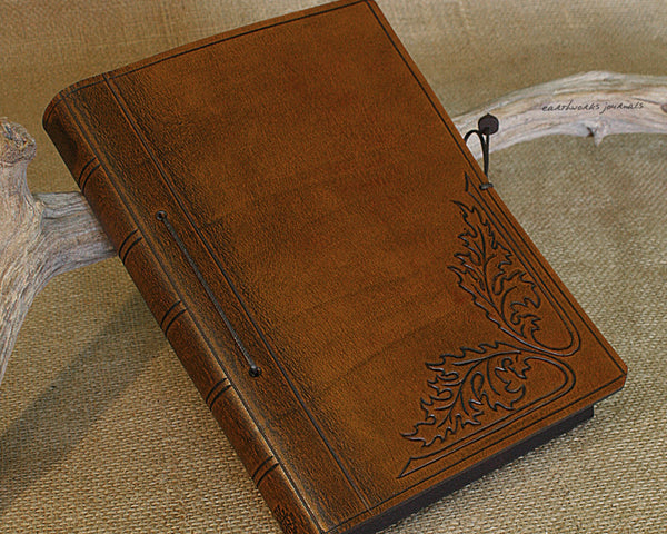 A5 brown leather journal - art nouveau acanthus leaf design - earthworks journals - A5C032