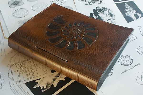 A5 brown leather journal - ammonite seashell design - earthworks journals - A5C002