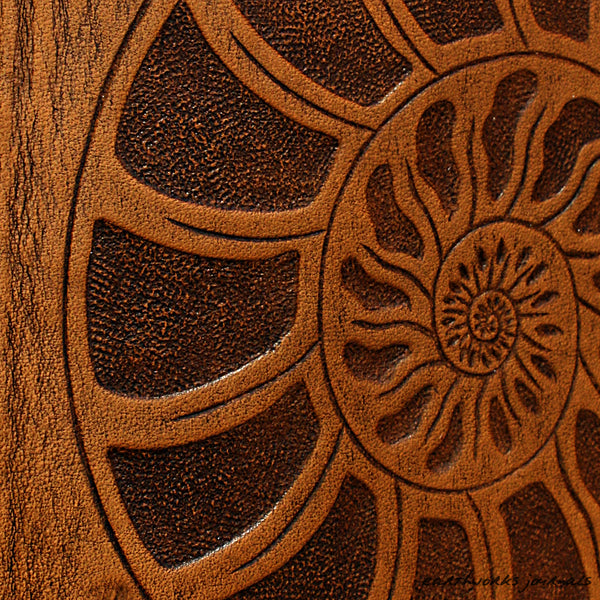 A5 brown leather 6 ring binder - organiser - planner - ammonite design detail - earthworks journals A5F004