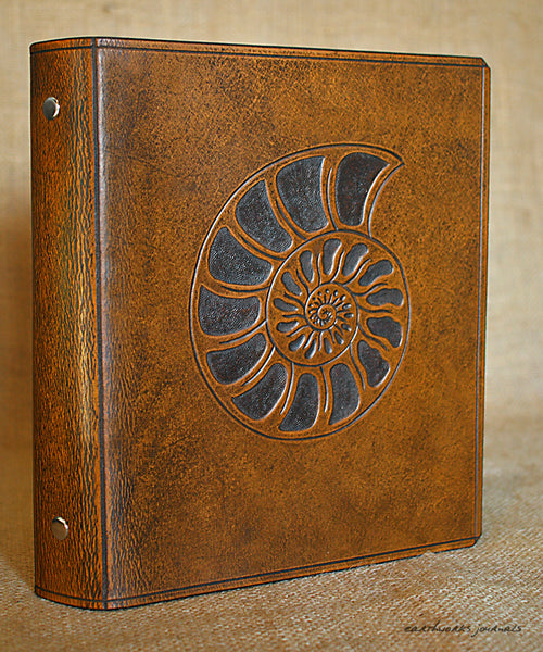 A5 brown leather 6 ring binder - organiser - planner - ammonite design 2 - earthworks journals A5F004