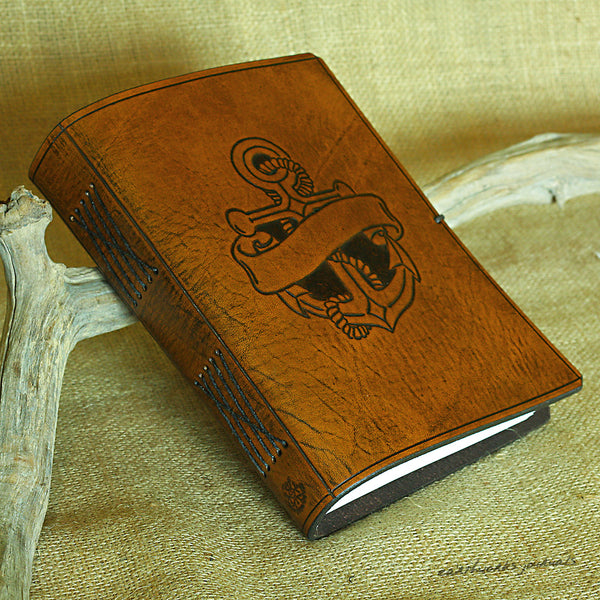 A5 brown leather journal - anchor and scroll design - earthworks journals - A5C037