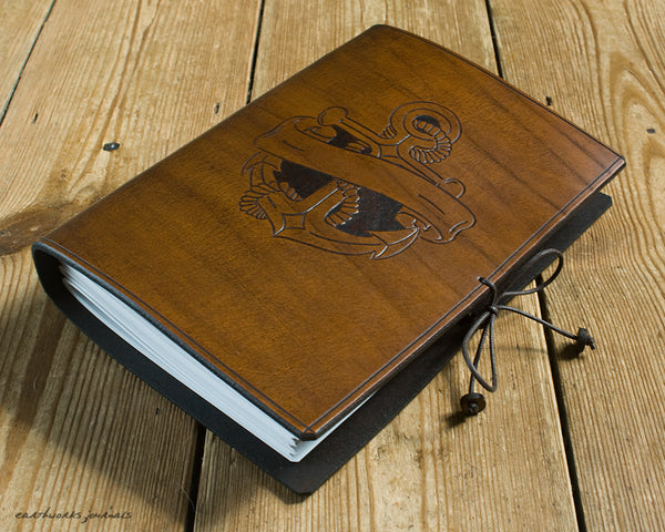 A5 brown leather journal - anchor and scroll design 2 - earthworks journals - A5C037