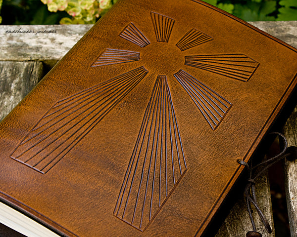 A5 brown leather journal - art deco sun rays detail - earthworks journals - A5C034