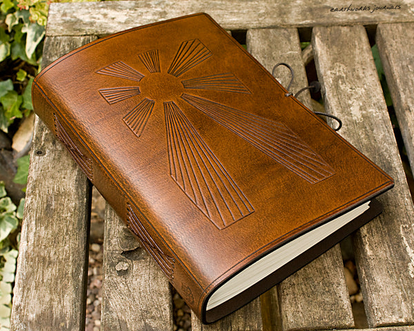 A5 brown leather journal - art deco sun rays - earthworks journals - A5C034
