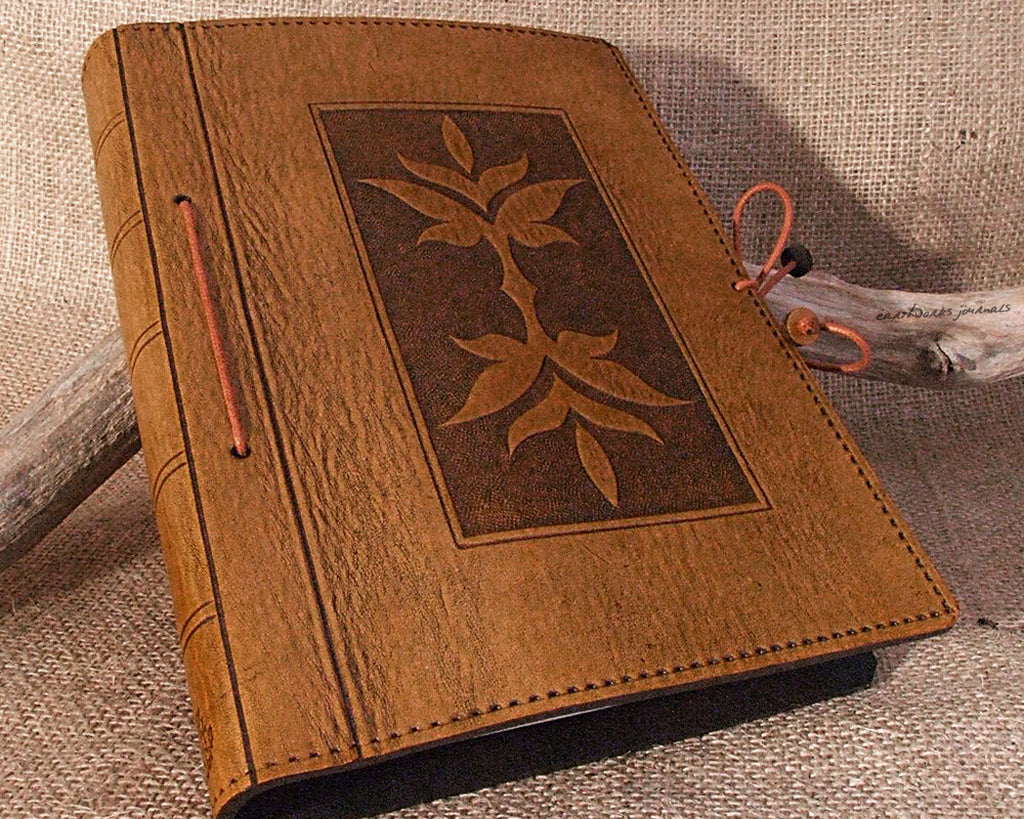A5 brown leather journal - art nouveau leaf design - earthworks journals - A5C023