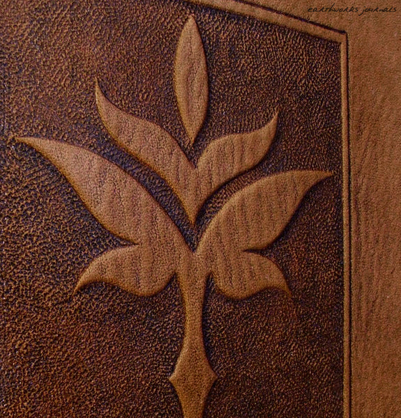 A5 brown leather journal - art nouveau leaf design detail - earthworks journals - A5C023