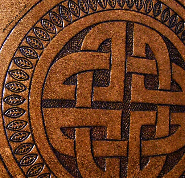 A5 brown leather journal - celtic circle knot design detail - earthworks journals - A5C014