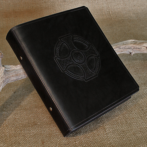 A5 black leather 2 ring binder - celtic cross design 2 - earthworks journals A5B012