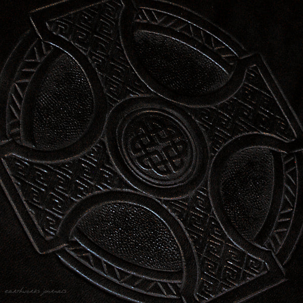 A5 black leather journal - celtic cross design detail - earthworks journals - A5C024