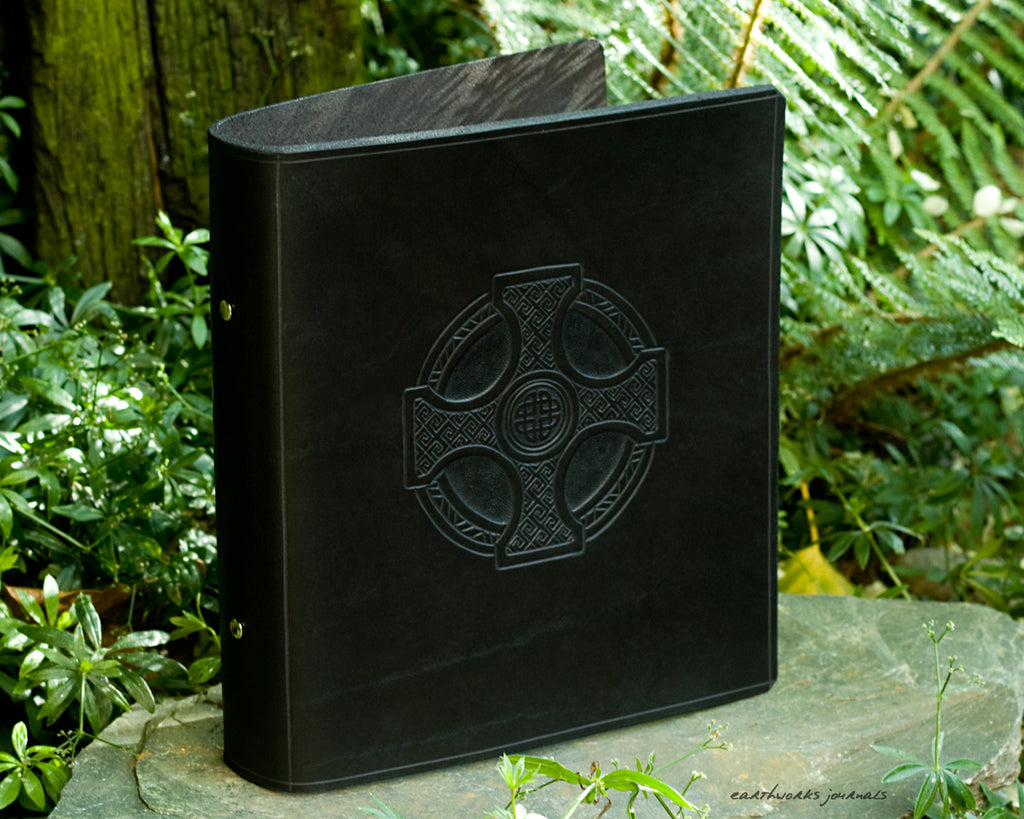 A5 black leather 2 ring binder - celtic cross design - earthworks journals A5B012