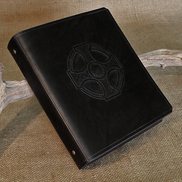 A5 black leather 6 ring binder - organiser - planner - celtic cross design 2 - earthworks journals A5F008