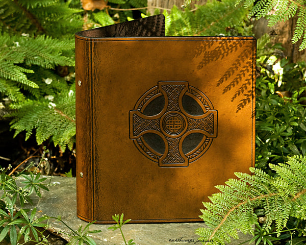 A5 brown leather 2 ring binder - celtic cross design - earthworks journals A5B004