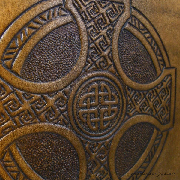 A5 brown leather 2 ring binder - celtic cross design detail - earthworks journals A5B004