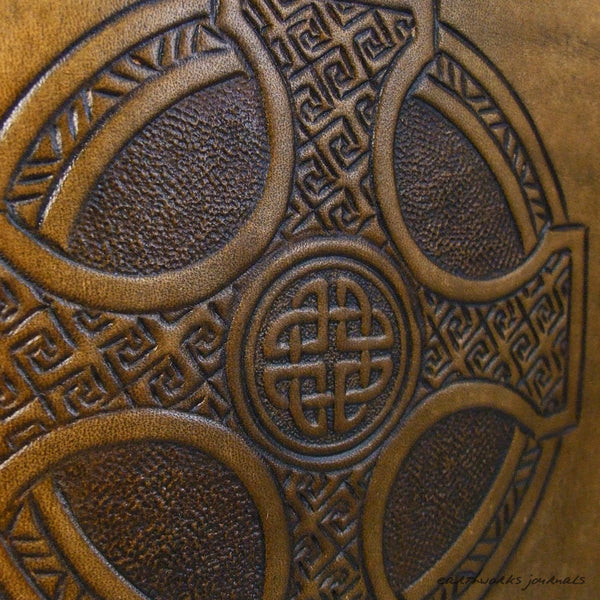 A5 brown leather journal - celtic cross detail - earthworks journals - A5C027