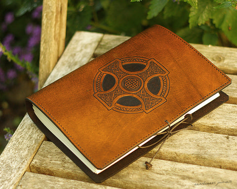 A5 brown leather journal - celtic cross - earthworks journals - A5C027