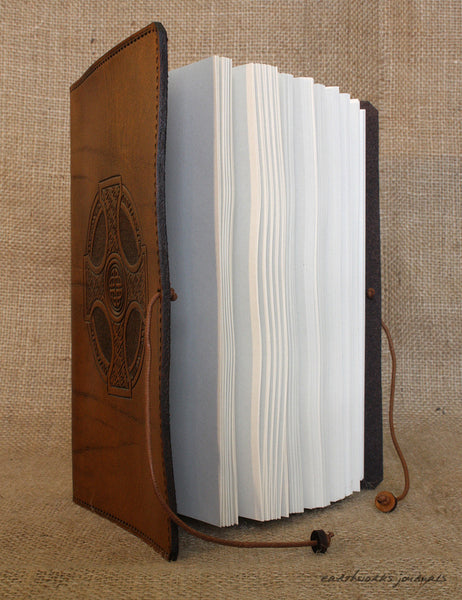 A5 brown leather journal - celtic cross open - earthworks journals - A5C027