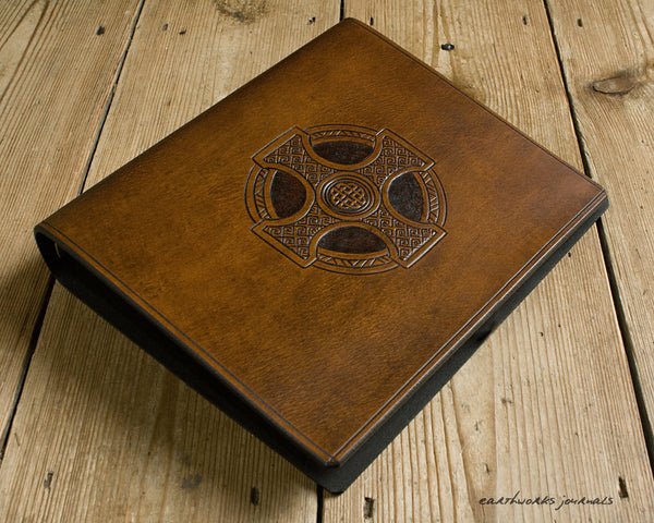 A5 brown leather 6 ring binder - organiser - planner - celtic cross design 3 - earthworks journals A5F007