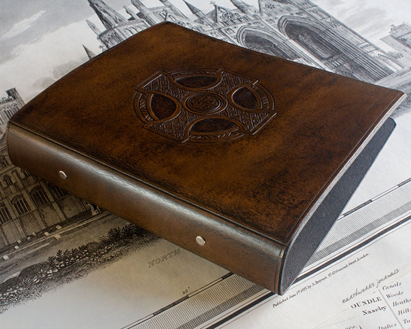 A5 dark brown leather 2 ring binder - celtic cross design - earthworks journals A5B010