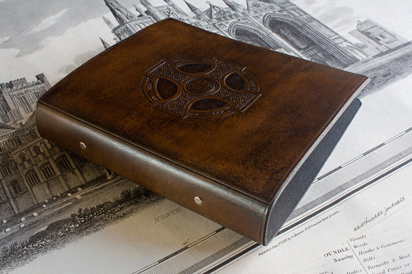 A5 dark brown leather 2 ring binder - celtic cross design - earthworks journals A5B010