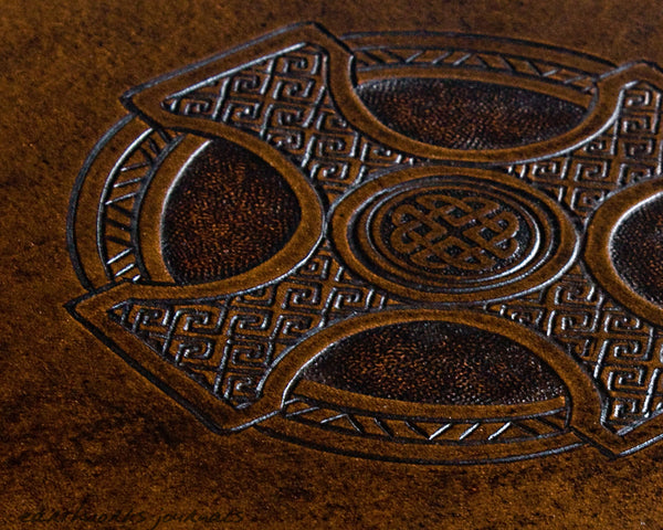 A5 dark brown leather 2 ring binder - celtic cross design detail - earthworks journals A5B010