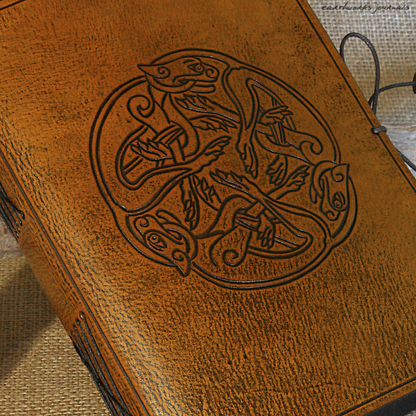 A5 brown leather journal - celtic dogs detail - earthworks journals - A5C036