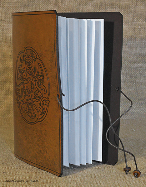 A5 brown leather journal - celtic dogs open - earthworks journals - A5C036