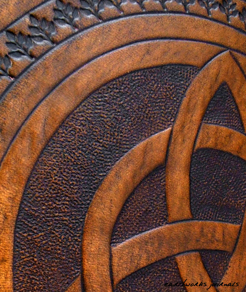 A4 brown leather journal - book of shadows - celtic triquetra detail - earthworks journals A4C004