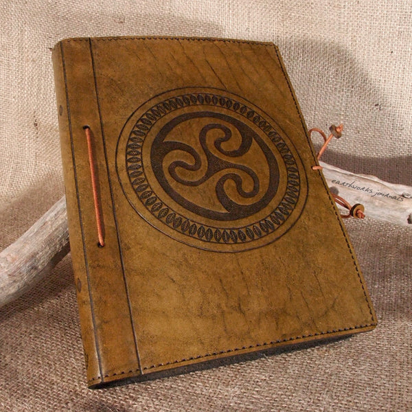A5 brown leather journal - celtic triskele spiral - earthworks journals - A5C009