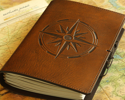 A5 brown leather journal - compass rose - earthworks journals - A5C033