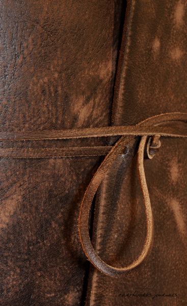 A5 distressed dark brown leather journal detail - wraparound - earthworks journals - A5W012