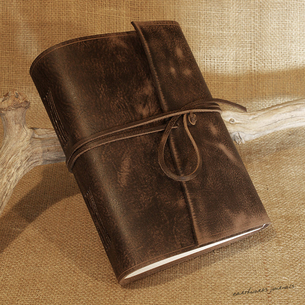 A5 distressed dark brown leather journal 3 - wraparound - earthworks journals - A5W012