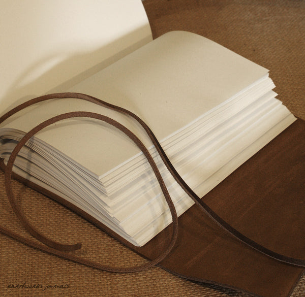 A5 distressed dark brown leather journal open - wraparound - earthworks journals - A5W012