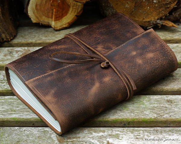 A5 distressed dark brown leather journal - wraparound - earthworks journals - A5W012