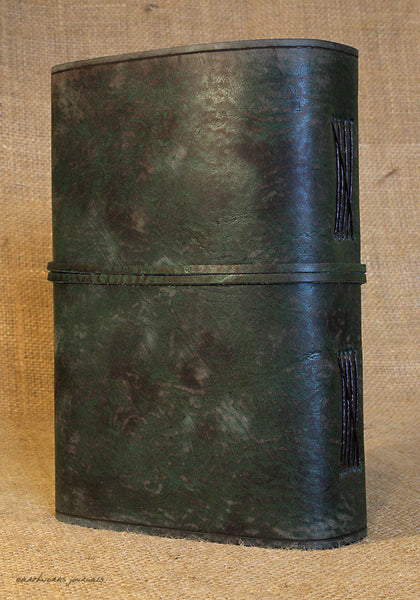 A5 distressed green leather journal - wraparound 6 - earthworks journals - A5W014