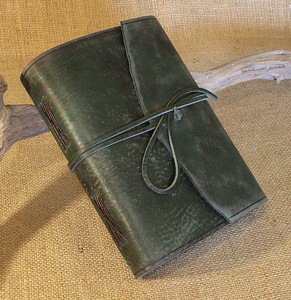 A5 distressed green leather journal - wraparound 3 - earthworks journals - A5W014
